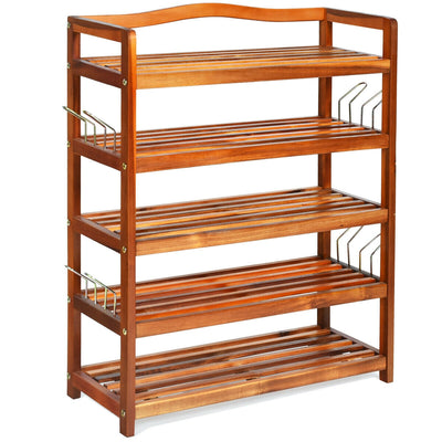 5-Tier Acacia Wood Shoe Rack with Side Metal Hooks