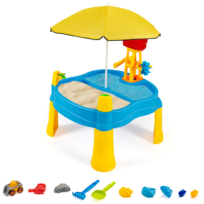 Kids Sand and Water Table for Toddlers with Umbrella and 18 Pieces Accessory Set