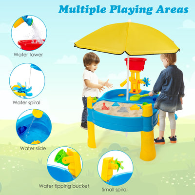 Kids Sand and Water Table for Toddlers with Umbrella and 18 Pieces Accessory Set