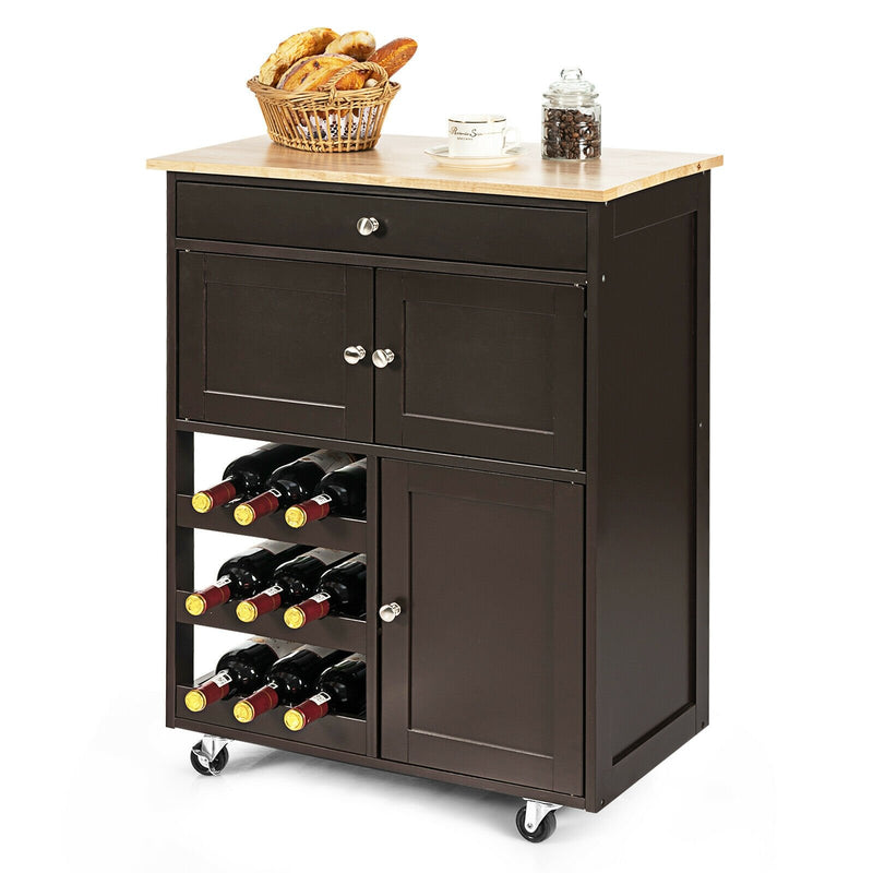 Kitchen Cart with Rubber Wood Top 3 Tier Wine Racks 2 Cabinets-Brown