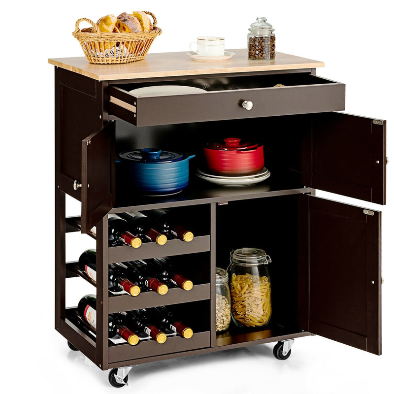 Kitchen Cart with Rubber Wood Top 3 Tier Wine Racks 2 Cabinets-Brown