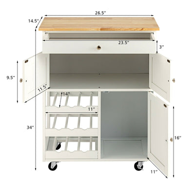 Kitchen Cart with Rubber Wood Top 3 Tier Wine Racks 2 Cabinets-White