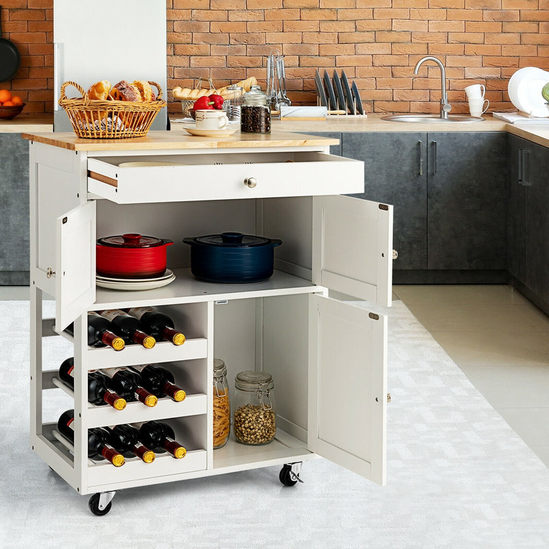 Kitchen Cart with Rubber Wood Top 3 Tier Wine Racks 2 Cabinets-White