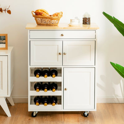 Kitchen Cart with Rubber Wood Top 3 Tier Wine Racks 2 Cabinets-White