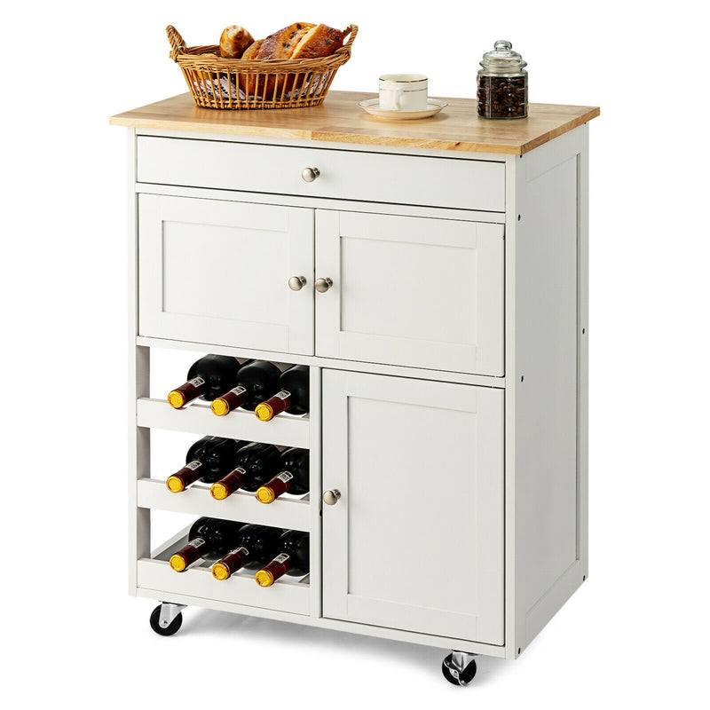 Kitchen Cart with Rubber Wood Top 3 Tier Wine Racks 2 Cabinets-White