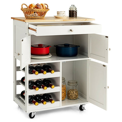 Kitchen Cart with Rubber Wood Top 3 Tier Wine Racks 2 Cabinets-White