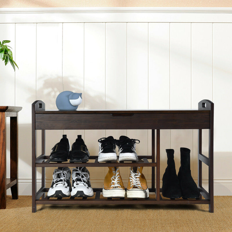 3-Tier Bamboo Shoe Bench Entryway Storage Rack-Black