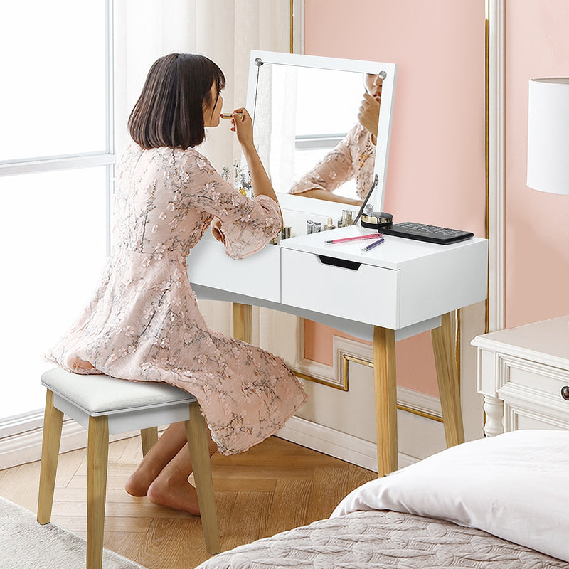 Wooden Vanity Table with Flip Top Mirror and Cushioned Stool