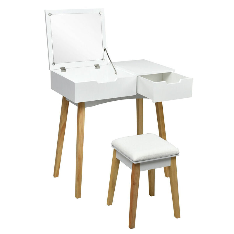 Wooden Vanity Table with Flip Top Mirror and Cushioned Stool