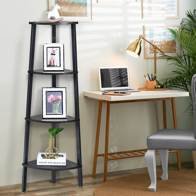 4-Tier Corner Shelf Metal Storage Rack Domestic Bookcase-Black