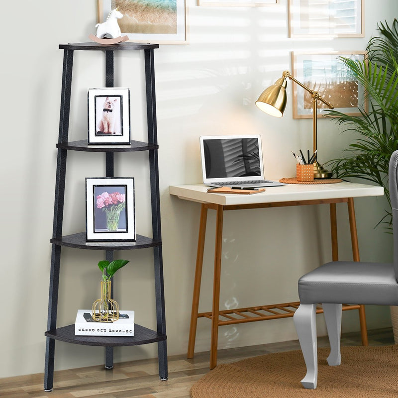 4-Tier Corner Shelf Metal Storage Rack Domestic Bookcase-Black