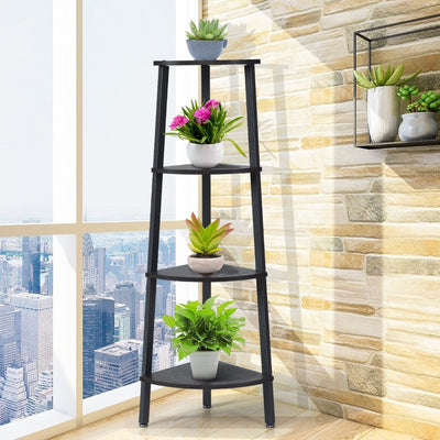 4-Tier Corner Shelf Metal Storage Rack Domestic Bookcase-Black