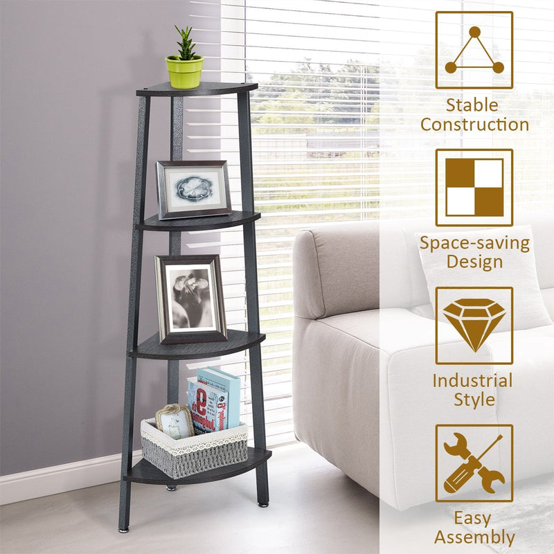 4-Tier Corner Shelf Metal Storage Rack Domestic Bookcase-Black