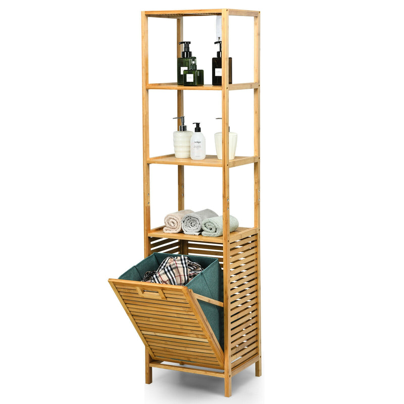 Bamboo Tower Hamper Organizer with 3-Tier Storage Shelves-Natural