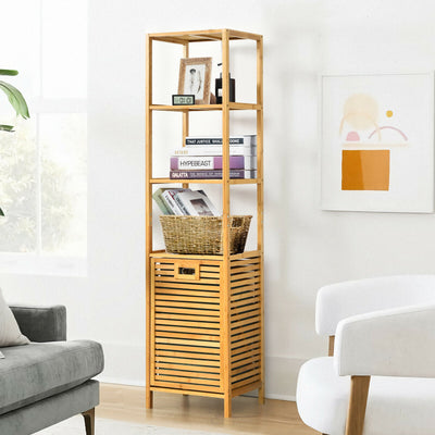 Bamboo Tower Hamper Organizer with 3-Tier Storage Shelves-Natural