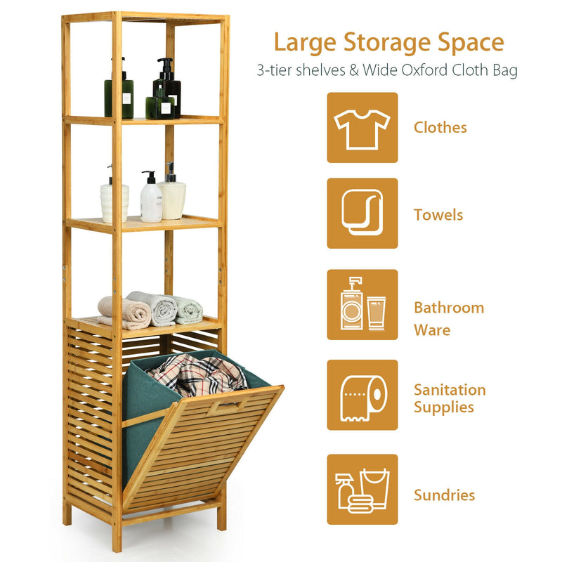 Bamboo Tower Hamper Organizer with 3-Tier Storage Shelves-Natural