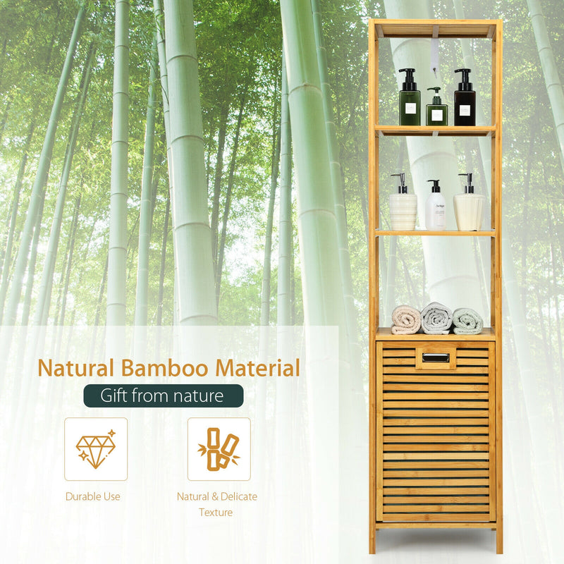 Bamboo Tower Hamper Organizer with 3-Tier Storage Shelves-Natural