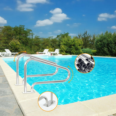 2 Pieces Stainless Steel Hand Rail Set with Quick Mount Base for Swimming Pool in Summer