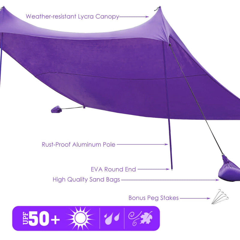 10 Foot Ride 9 Foot Family Beach Tent Canopy Sunshade with 4 Poles-Purple