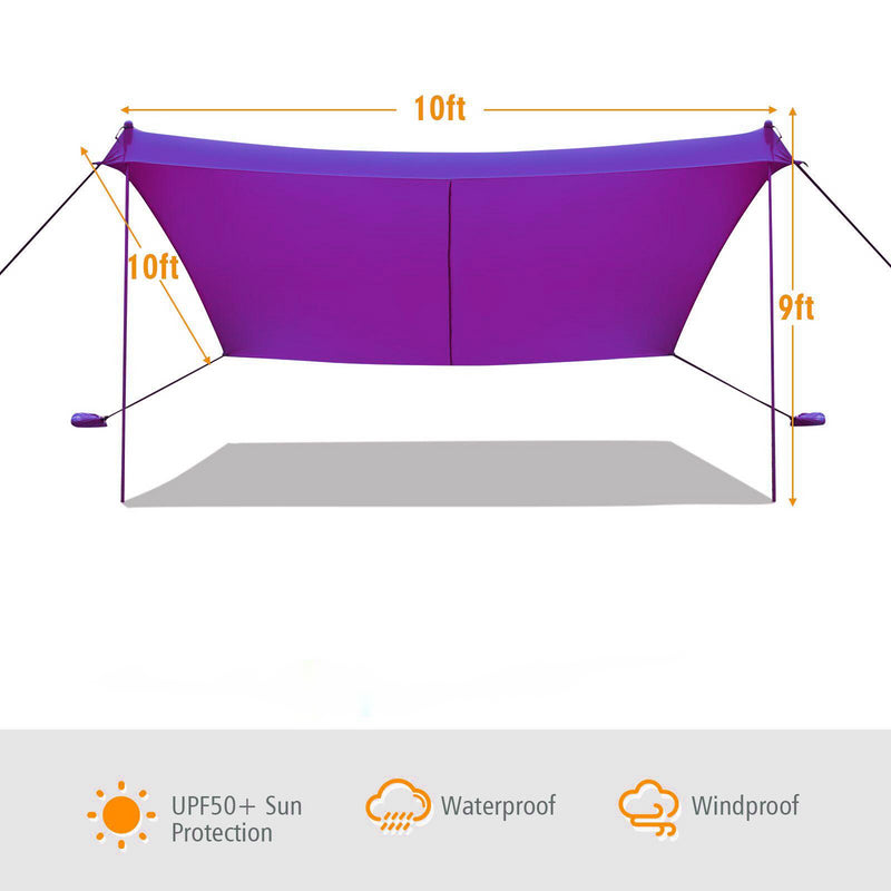 10 Foot Ride 9 Foot Family Beach Tent Canopy Sunshade with 4 Poles-Purple