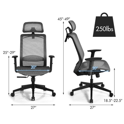 Height Adjustable Ergonomic High Back Mesh Office Chair with Hanger-Gray