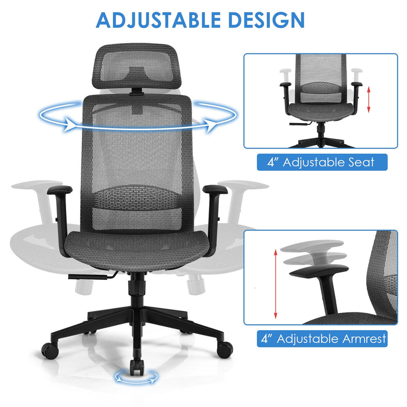 Height Adjustable Ergonomic High Back Mesh Office Chair with Hanger-Gray