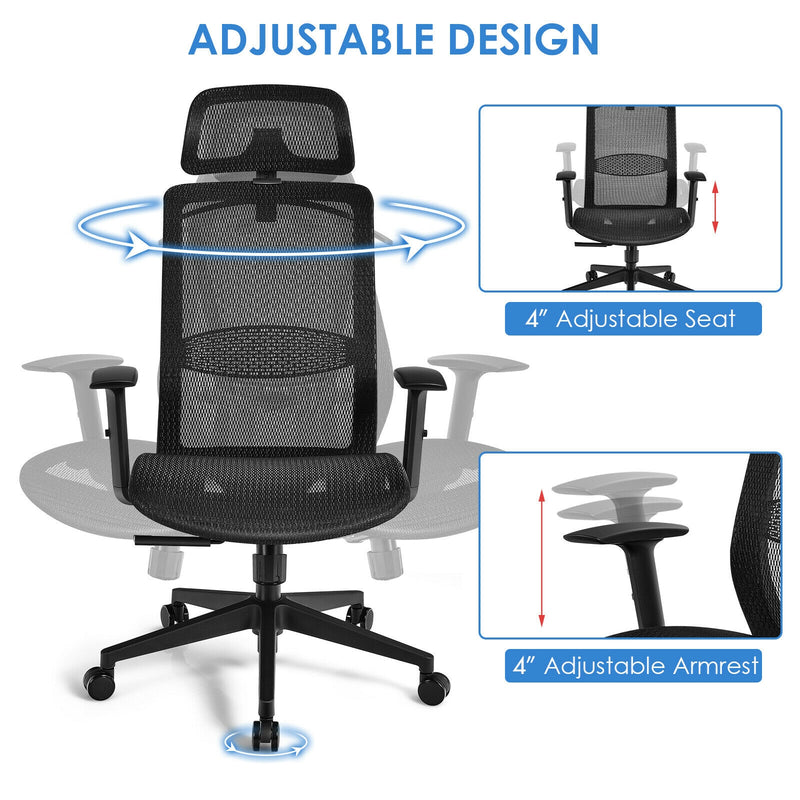 Height Adjustable Ergonomic High Back Mesh Office Chair with Hanger-Black