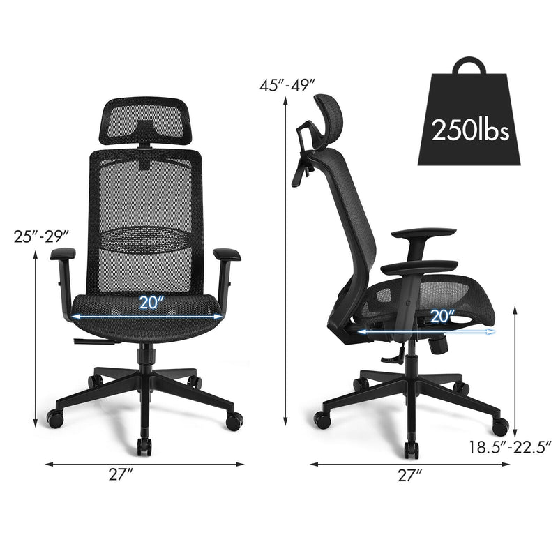 Height Adjustable Ergonomic High Back Mesh Office Chair with Hanger-Black