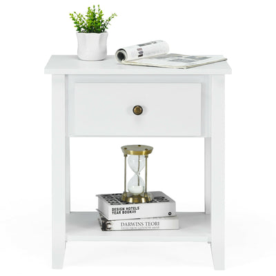 Nightstand with Drawer and Storage Shelf for Bedroom Living Room-White