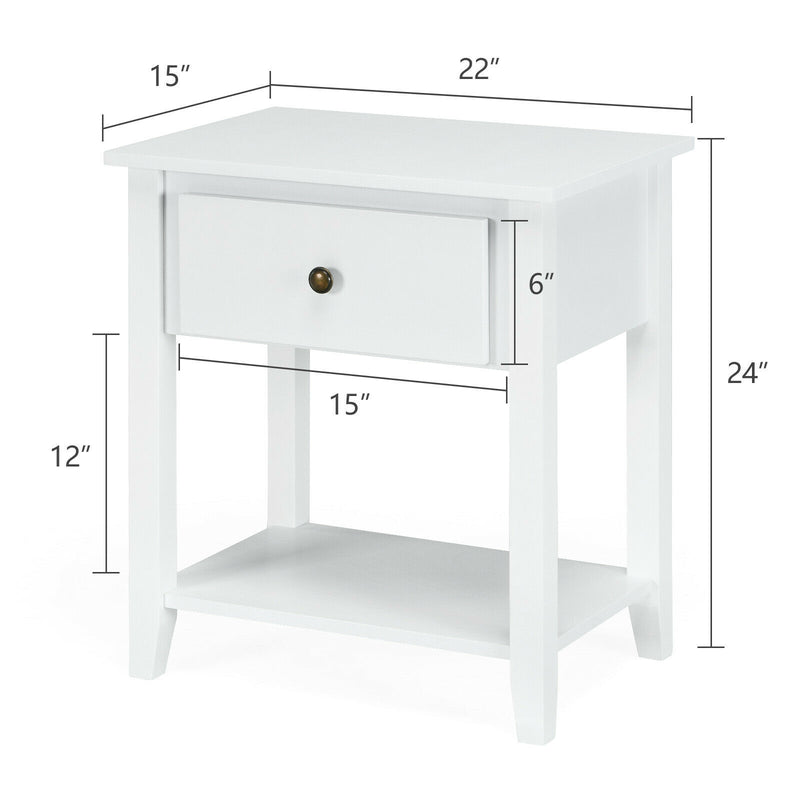 Nightstand with Drawer and Storage Shelf for Bedroom Living Room-White