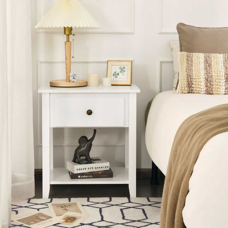 Nightstand with Drawer and Storage Shelf for Bedroom Living Room-White