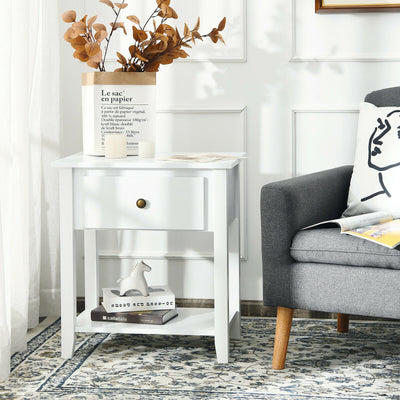 Nightstand with Drawer and Storage Shelf for Bedroom Living Room-White