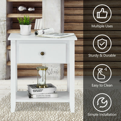 Nightstand with Drawer and Storage Shelf for Bedroom Living Room-White