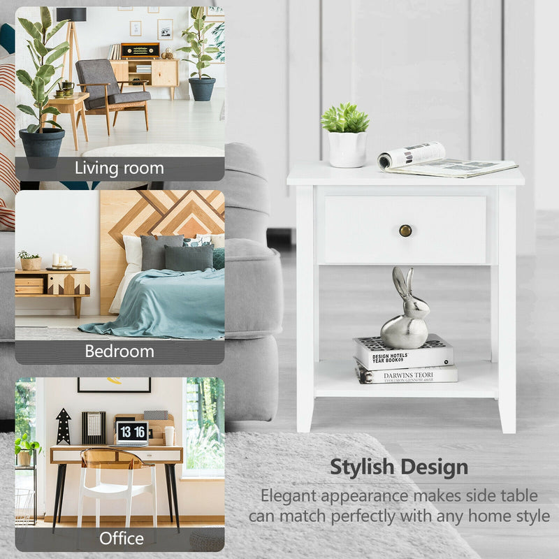 Nightstand with Drawer and Storage Shelf for Bedroom Living Room-White