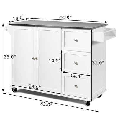 Kitchen Island 2-Door Storage Cabinet with Drawers and Stainless Steel Top-White