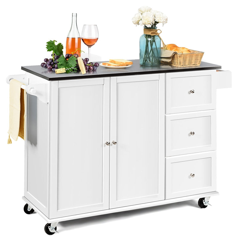 Kitchen Island 2-Door Storage Cabinet with Drawers and Stainless Steel Top-White