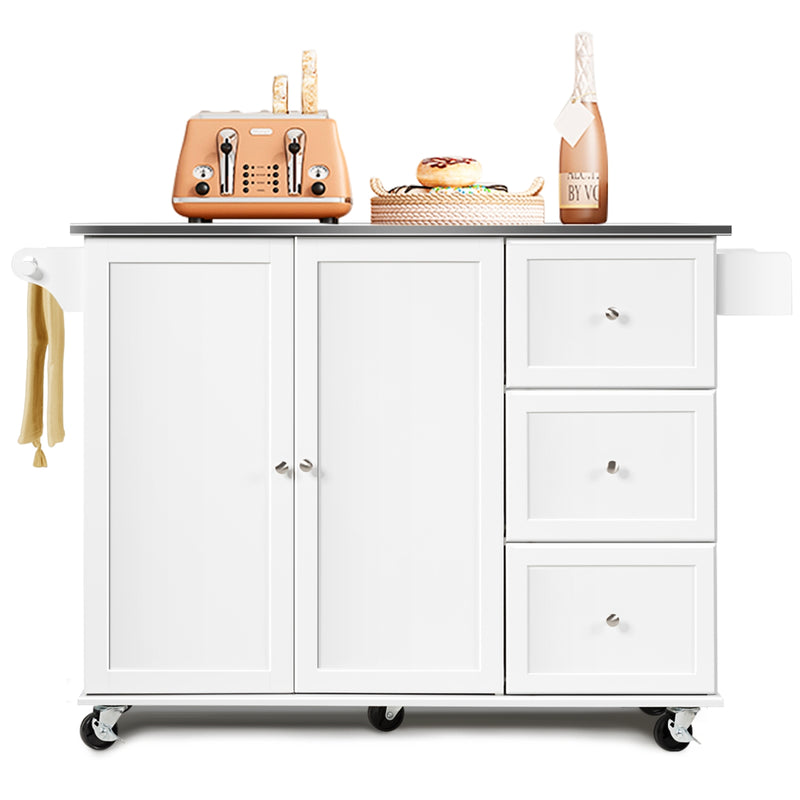 Kitchen Island 2-Door Storage Cabinet with Drawers and Stainless Steel Top-White