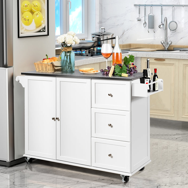 Kitchen Island 2-Door Storage Cabinet with Drawers and Stainless Steel Top-White