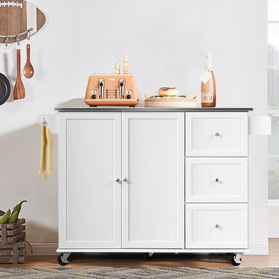 Kitchen Island 2-Door Storage Cabinet with Drawers and Stainless Steel Top-White