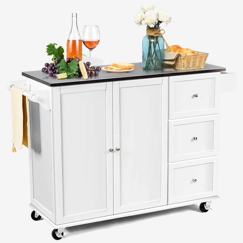 Kitchen Island 2-Door Storage Cabinet with Drawers and Stainless Steel Top-White