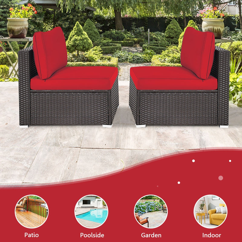 2 Pieces Patio Rattan Armless Sofa Set with 2 Cushions and 2 Pillows-Red