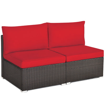 2 Pieces Patio Rattan Armless Sofa Set with 2 Cushions and 2 Pillows-Red