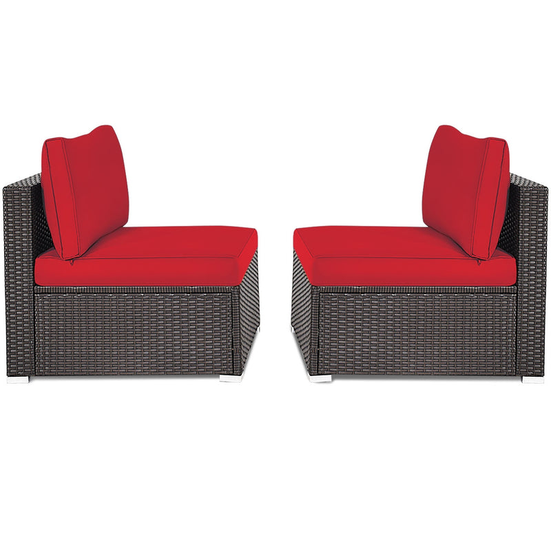 2 Pieces Patio Rattan Armless Sofa Set with 2 Cushions and 2 Pillows-Red