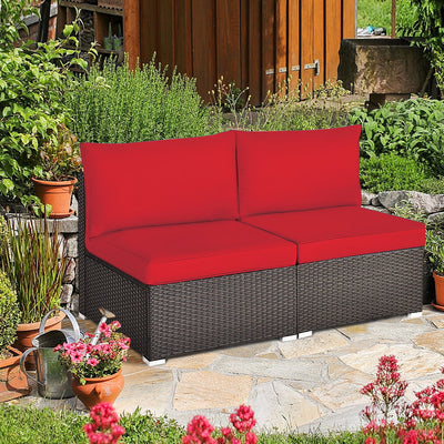 2 Pieces Patio Rattan Armless Sofa Set with 2 Cushions and 2 Pillows-Red