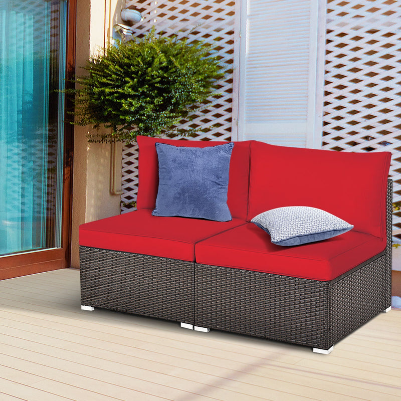 2 Pieces Patio Rattan Armless Sofa Set with 2 Cushions and 2 Pillows-Red