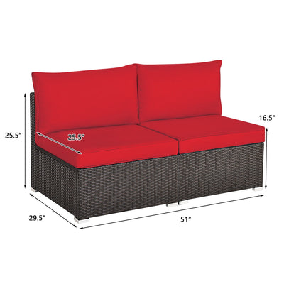 2 Pieces Patio Rattan Armless Sofa Set with 2 Cushions and 2 Pillows-Red