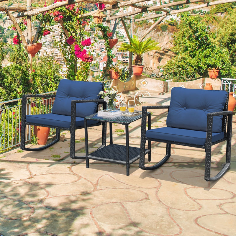 3 Pcs Patio Rattan Set Rocking Chair Cushioned Sofa Garden Furniture-Navy