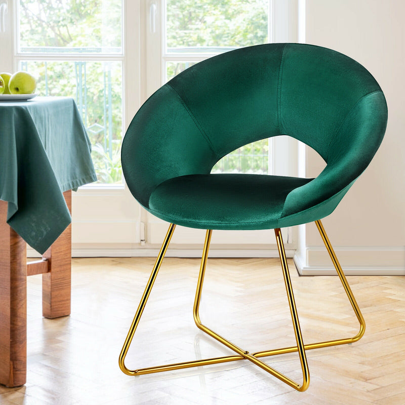 Modern Accent Velvet Dining Arm Chair with Golden Metal Legs and Soft Cushion-Dark Green