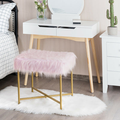 Faux Fur Ottoman Decorative Stool with Metal Legs-Pink