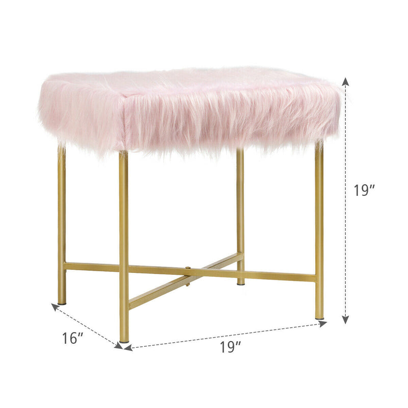 Faux Fur Ottoman Decorative Stool with Metal Legs-Pink